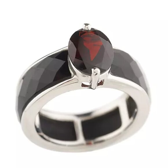 Sterling Silver Faceted Onyx & 1.40 ct Oval Garnet Band Ring Size 9 - Picture 1 of 11